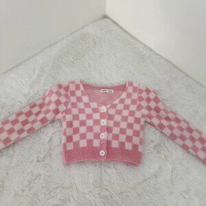 Girls Pink Checkered Fuzzy Knit Cardigan